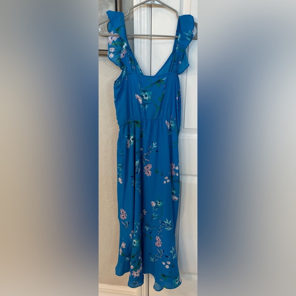 Socialite Cobalt Floral Print Ruffle Sleeve Wrap w/Tie Midi Dress-XS/EUC/Worn 1x